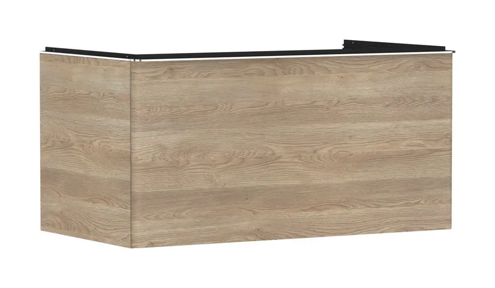 Waschtischunterschrank in Holzoptik mit einem Schubkasten, beschichtet und passend für Aufsatzwaschtische. Marke: Hansgrohe.